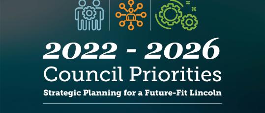 "2022-2026 Council Priorities Strategic Planning for a Future-Fit Lincoln" title with three pillars - people, gears and snowflake