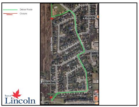 Satellite view of pathway closure and detour route in Lincoln, Ontario.